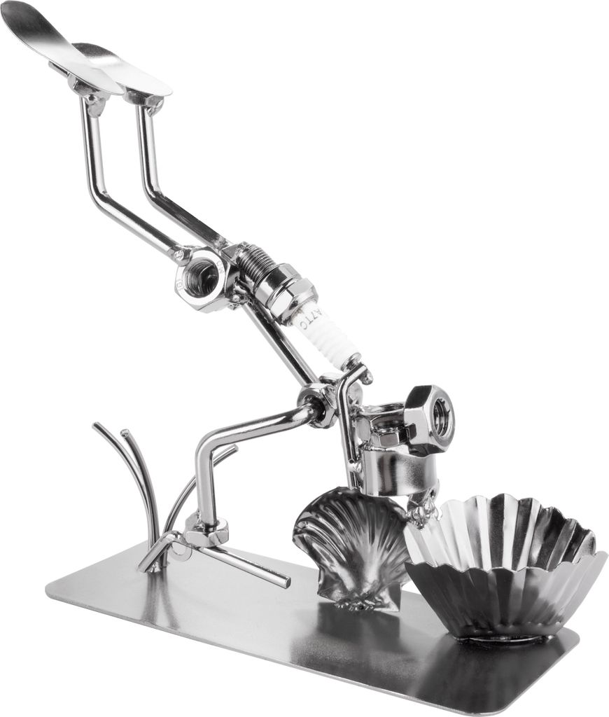 A metal sculpture of a diver with a shell and a fluted cup.