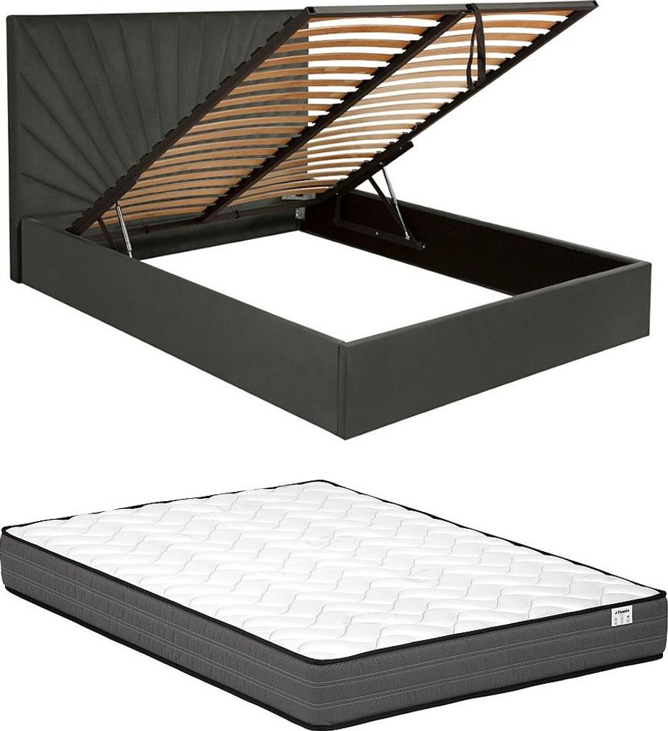 Bett mit Box 180 x 200 cm - Velours - Anthrazit + Matratze - RILIODA by Pascal Morabito