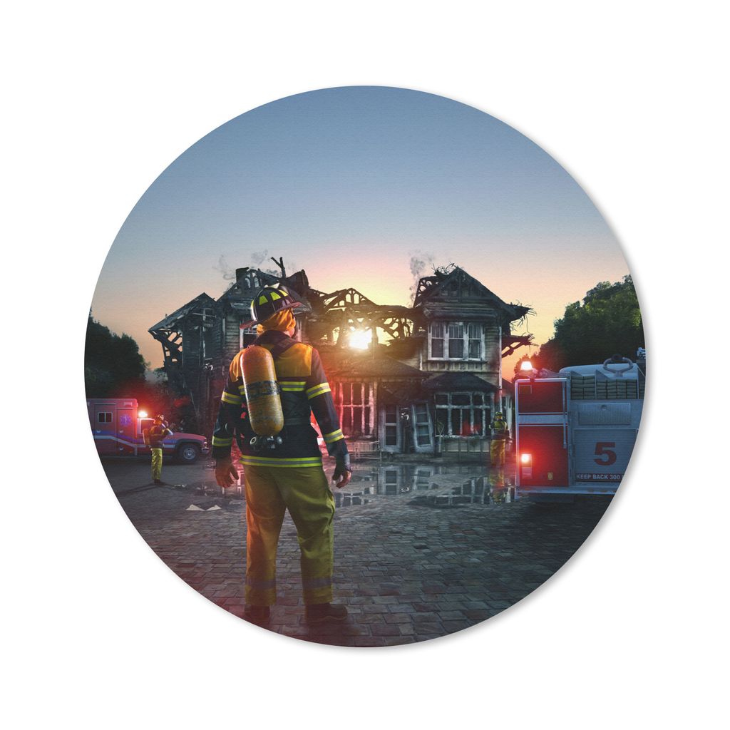 MuchoWow Mauspad Mousepad Feuerwehrmann vor einem abgebrannten Haus 40x40 cm - Mousepads - Maus Mat - Pad - Mausunterlage - Schreibtisch Accessoires
