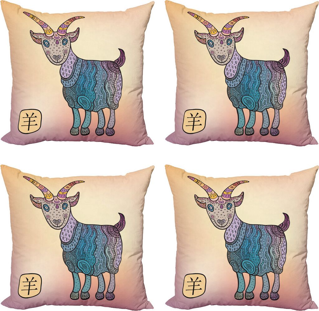 ABAKUHAUS Ziege Kissenbezug Set (4 Stück), Chinesische Astrologie Tier, Moderner Doppelseitiger Digitaldruck, 40 cm x 40 cm, Mehrfarbig