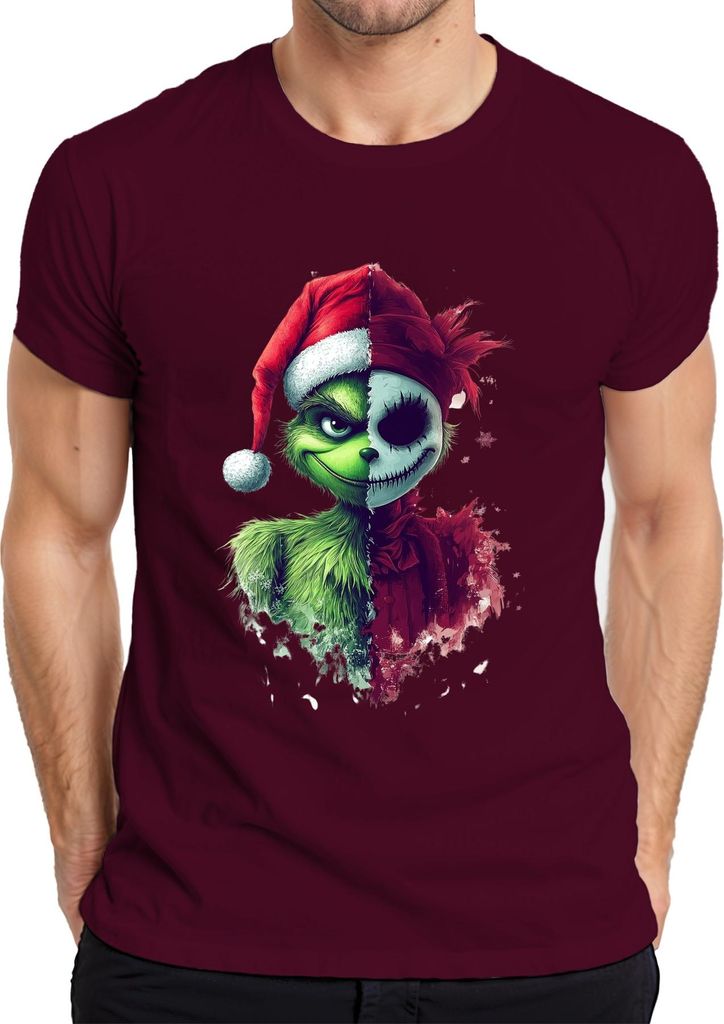 Grinch Jack Skellington Mashup Santa Hut Weihnachten Horror Geschenk Herren T-Shirt, Burgundy, M