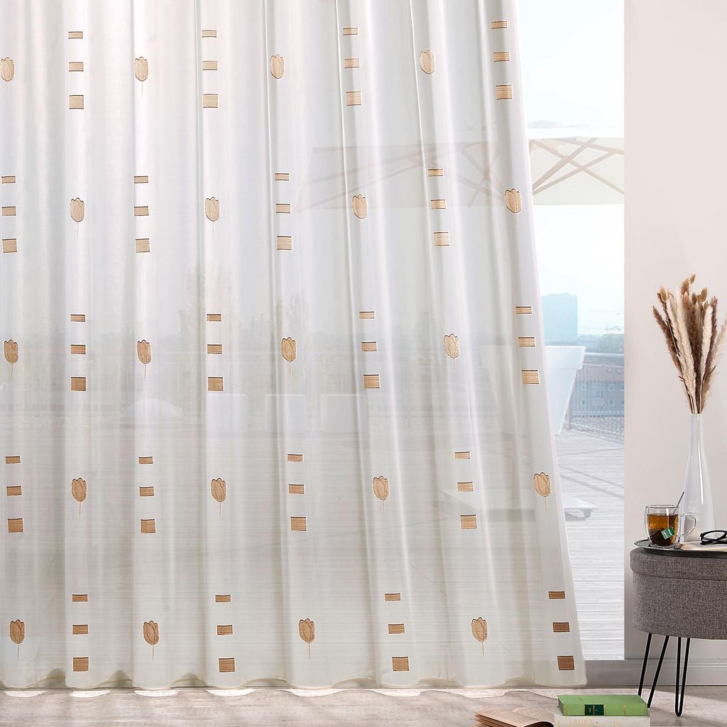 heimtexland Gardinen Store Web Scherli Smokband Vorhang halbtransparent Bleiband Webstore Fertiggardine Tulpe natur Typ874 Beige HxB 245x250 cm