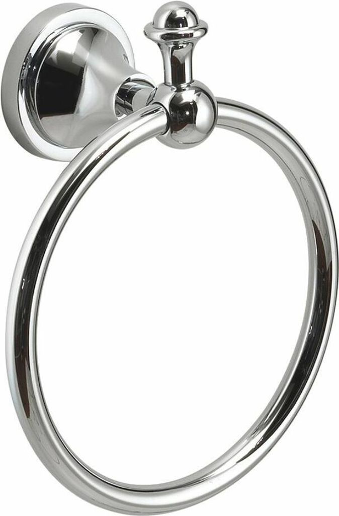 A chrome towel ring mounted on a white background.