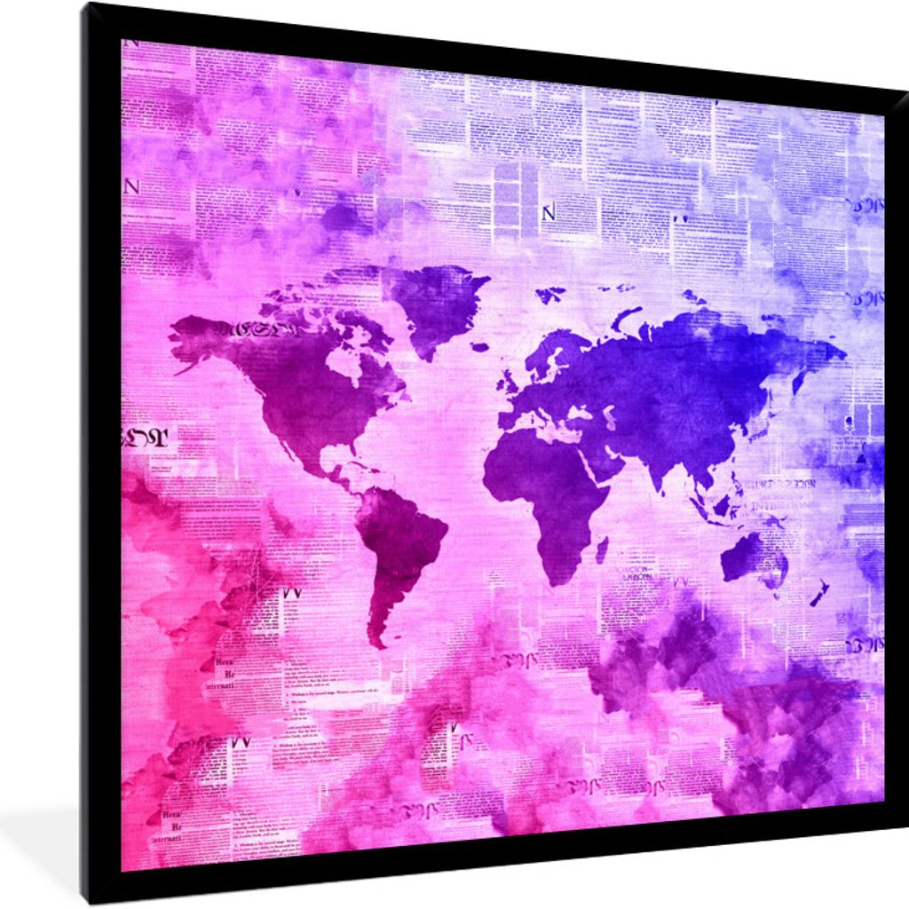 MuchoWow MuchoWow Gerahmtes Poster Weltkarte - Zeitungen - Farben 40x40 cm - Poster mit zchwarzem Bilderrahmen - Mit Rahmen - Wanddekoration Sc...