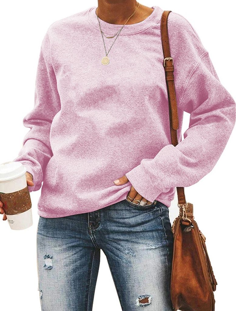 ASKSA Damen Pullover Rundhals Einfarbige Sweatshirt Herbst Winter Langarmshirt Casual Lose Oberteile, Rosa, M