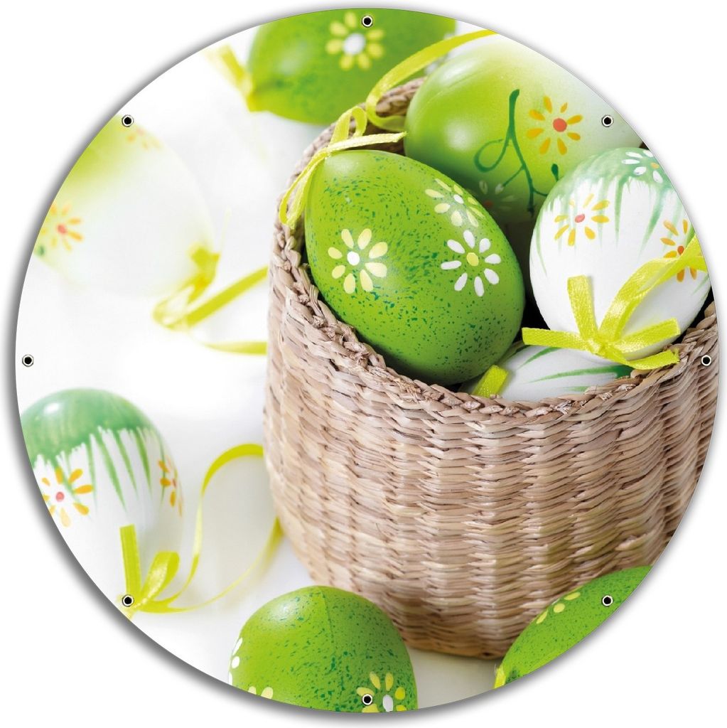 Wallario rundes Outdoor-Poster für Garten oder Balkon, Motiv Ostergruß - bunte bemalte Ostereier in einem kleinen Körbchen, 60 cm Durchmesser