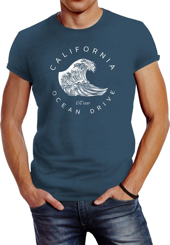 Herren T-Shirt Welle Wave California Ocean Drive Surf Summer Slim Fit Neverless denim blue XXL