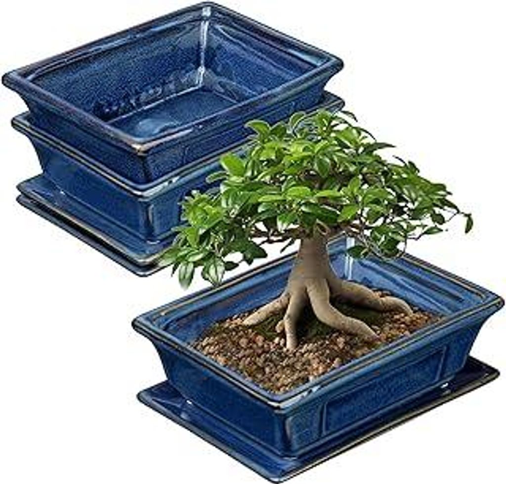 2er-Set Bonsai Keramiktopf Bonsaischale mit Untersetzer und Entwässerungslöchern für Japanische Bonsai Zimmerpflanzen, Retro-Dekoration für Gar...