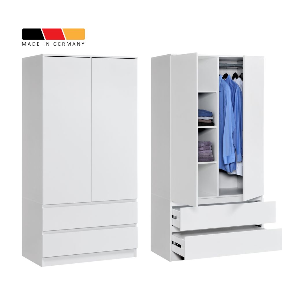 2-türiger Kleiderschrank Weiß Garderobenschrank mit Regalböden, Kleiderstange und Schubladen für Schlafzimmer, Kinderzimmer, Flur, 90x51x182 cm