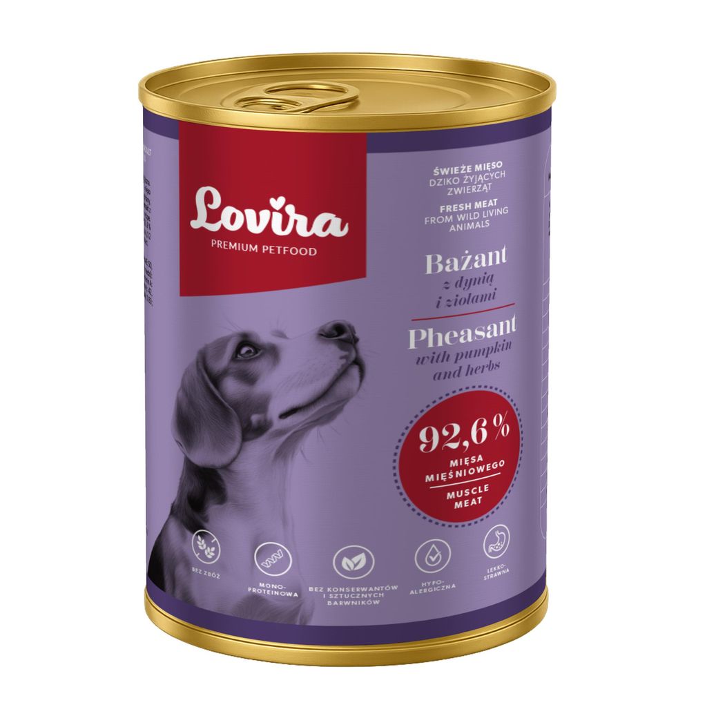 Nassfutter für Hunde LOVIRA Fasan mit Kürbis und Kräutern 92,6 % Fleisch 400 g