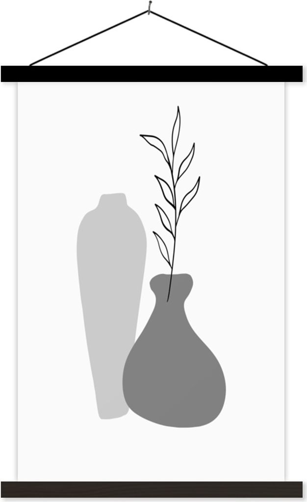 MuchoWow Textilposter Zeichnung - Pflanze - Schwarz - Weiß 60x90 cm mit schwarzem Rahmen - Poster Wohnzimmer