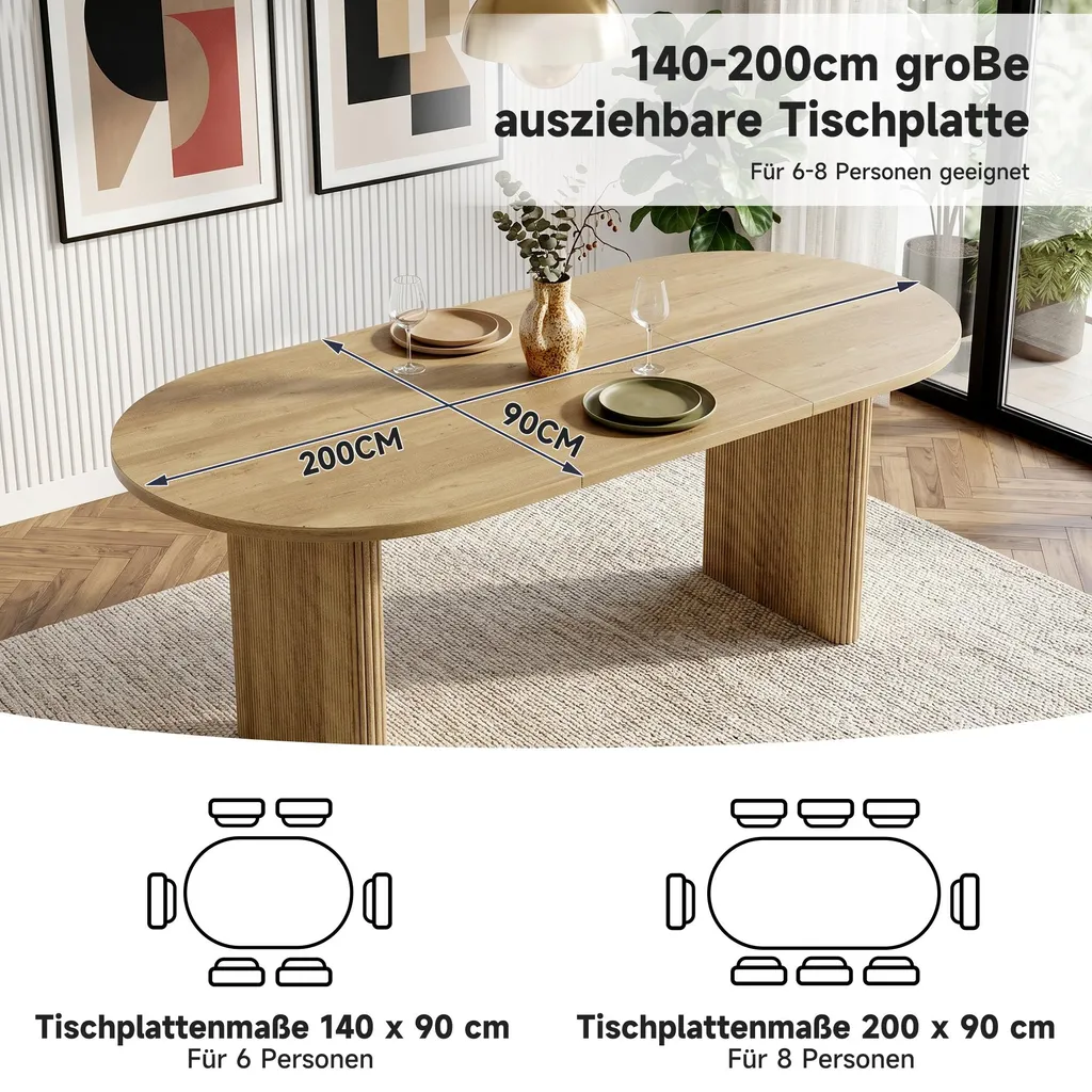 Table bois chêne 140 cm coins arrondis et plateau robuste extensible 2m