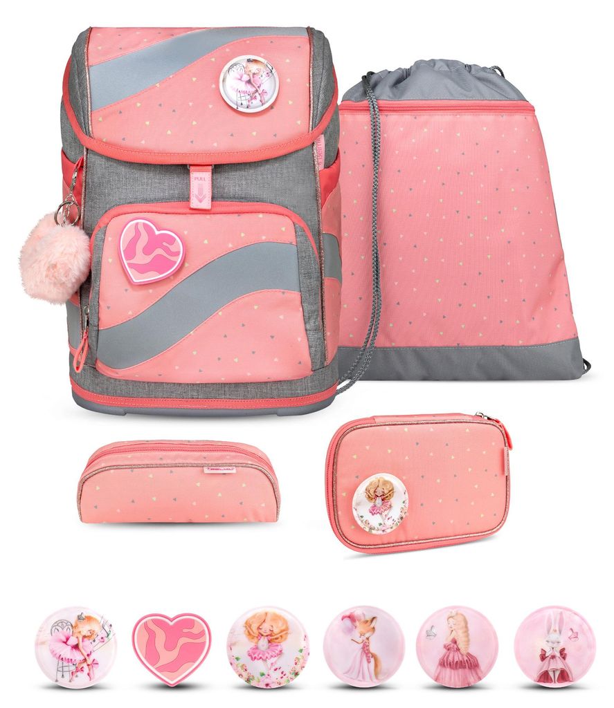 Belmil Smarty ergonomisches Schulranzen Set 5-teilig "Minimal Triangels" mit Brustgurt, Hüftgurt, Magnetverschluss, Patch Set 6 Stück