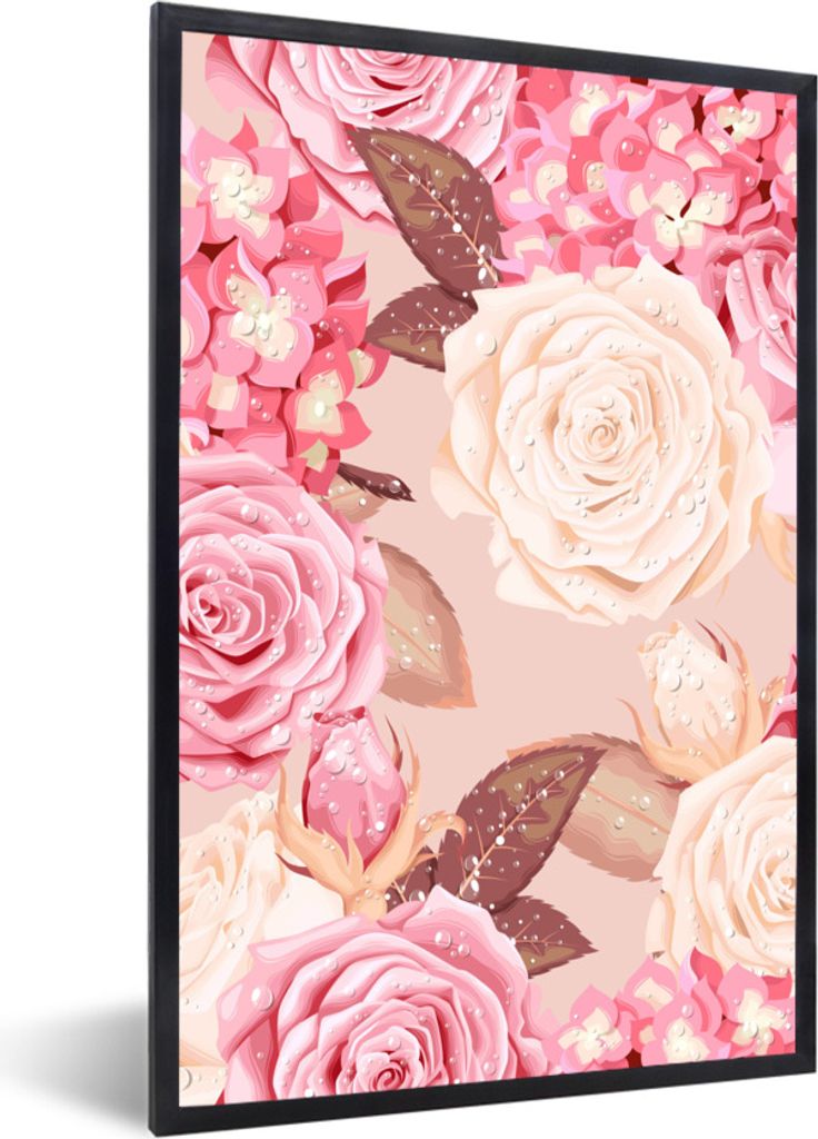 MuchoWow Gerahmtes Poster Rosen - Weiß - Rosa - Tropfen 40x60 cm - Poster mit Schwarzem Bilderrahmen Wandposter Rahmen Foto Bilder - Papierdruck...