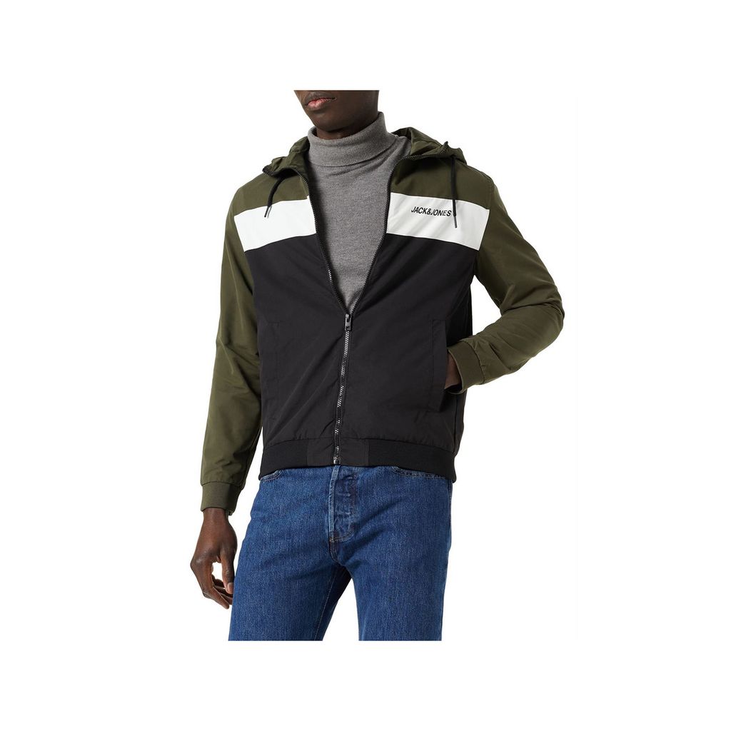 JACK & JONES Heren JJERUSH Hood Bomber NOOS bomberjack, zwart/detail: Otter/White Blocking, L, zwart/detail: otter/wit blokkeren, L