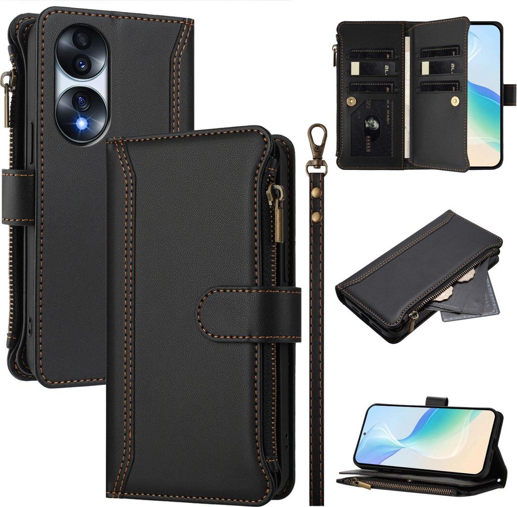 Handyhülle für Honor 70 Reißverschluss Geldbörse Kunstleder Klapphülle mit Kartensteckplatz, Ständer, Handschlaufe Schwarz