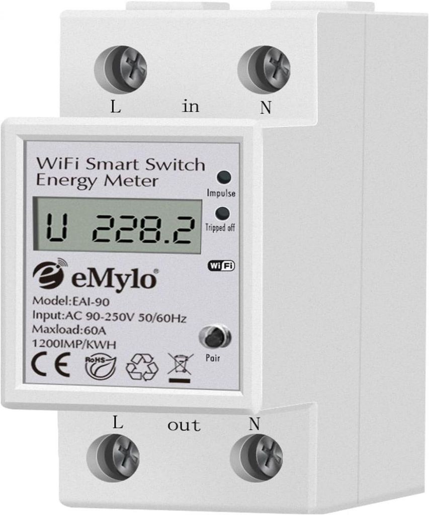 Intelligenter WLAN-Energiezähler, einphasiger DIN-Schienen-LCD-Digitalzähler, Stromverbrauchszähler, 60 A, 90–250 V, unterstützt die Fernsteu...