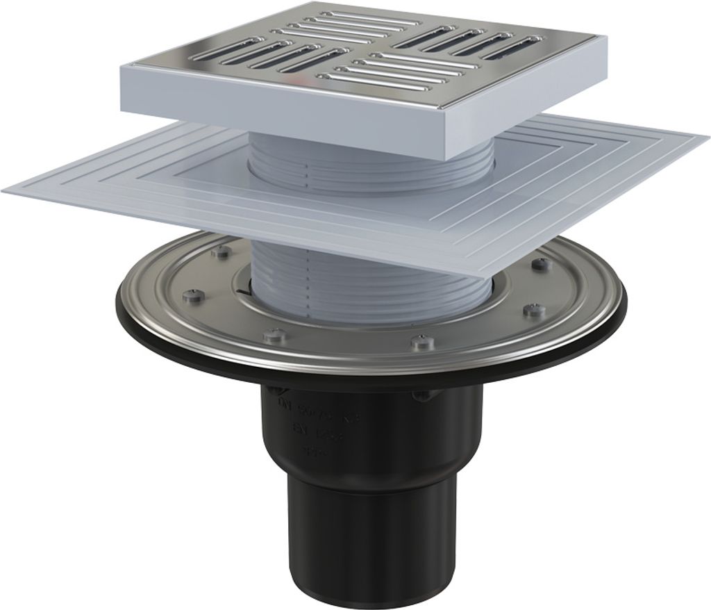 A disassembled floor drain assembly is shown against a white background.
