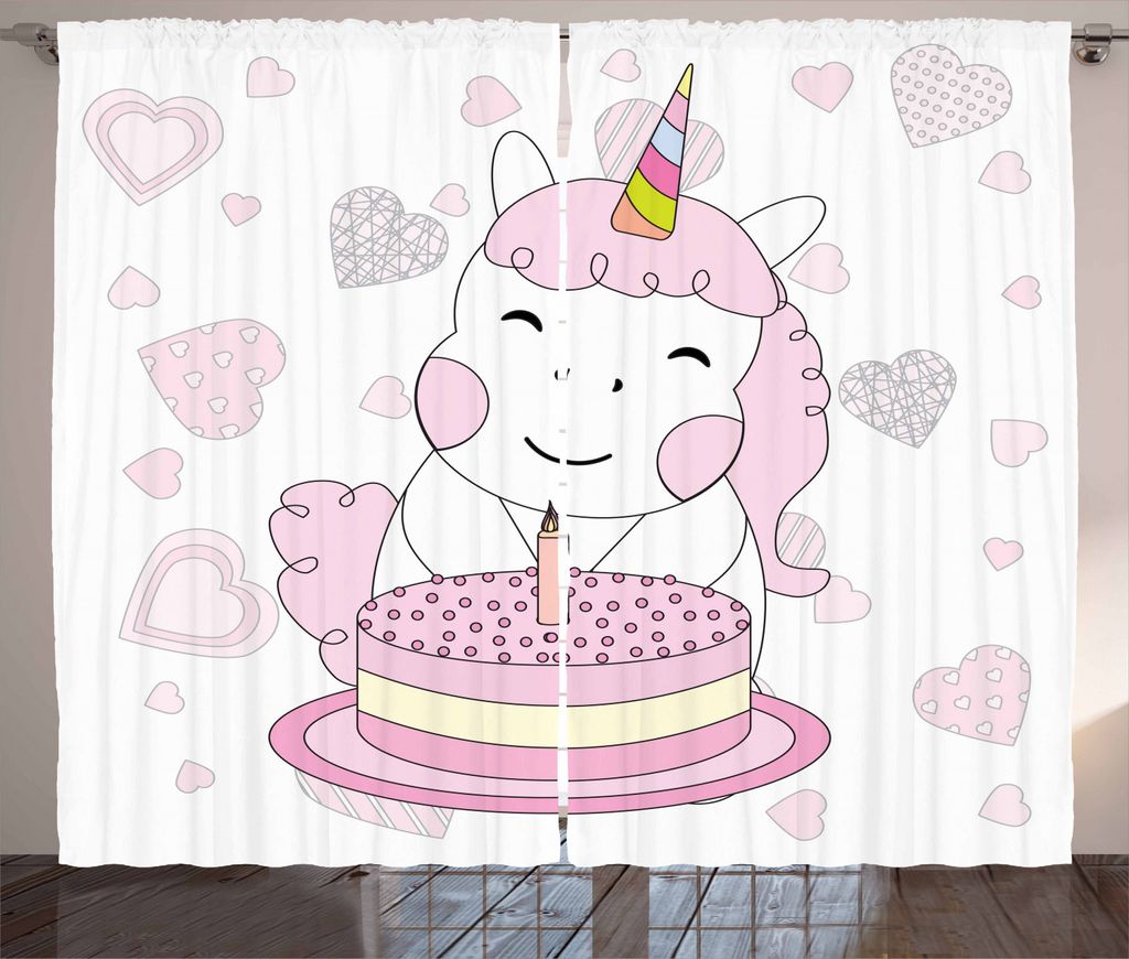 ABAKUHAUS Unicorn-Party Rustikaler Gardine, Pferd und Kuchen, Schlafzimmer Kräuselband Vorhang mit Schlaufen und Haken, 280 x 225 cm, Hellrosa und...