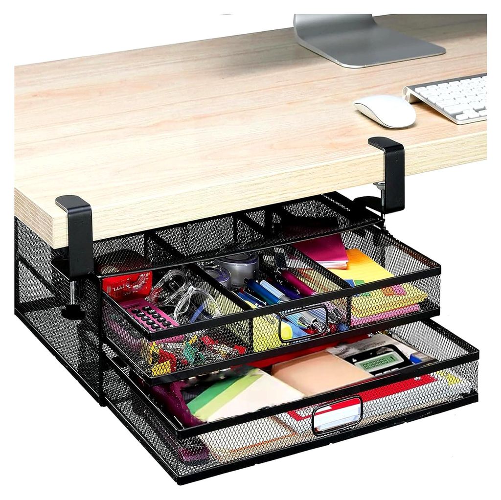 Schublade, Unterbau Schreibtisch zum Anklemmen 2-Lagige Gleitschienen Schreibtisch Organizer Versteckte Schublade Unter Schreibtisch für Büro, Zu...