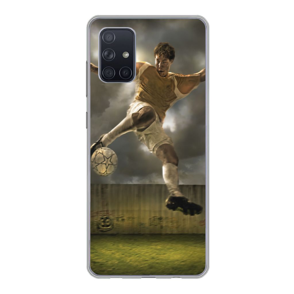 MuchoWow Handyhülle Schutzhülle Hülle für Samsung Galaxy A51 5G Eine Illustration eines Fußballspielers, der den Ball schießt - Jungen - Ki...