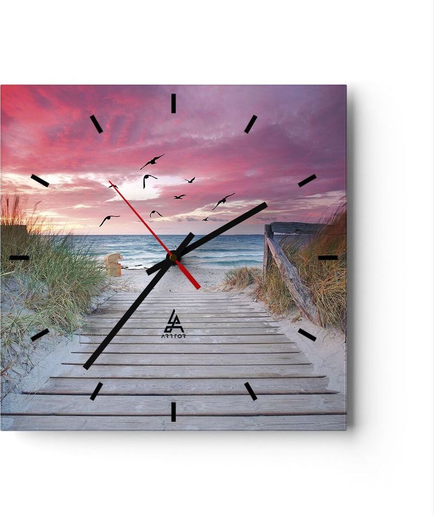 Wanduhr - Quadrat - Glasuhr - Strand Sand Vögel - 40x40cm - Schleichendes Uhrwerk - Lautlos - zum Aufhängen bereit - Dekoration Modern - Wanddeko...