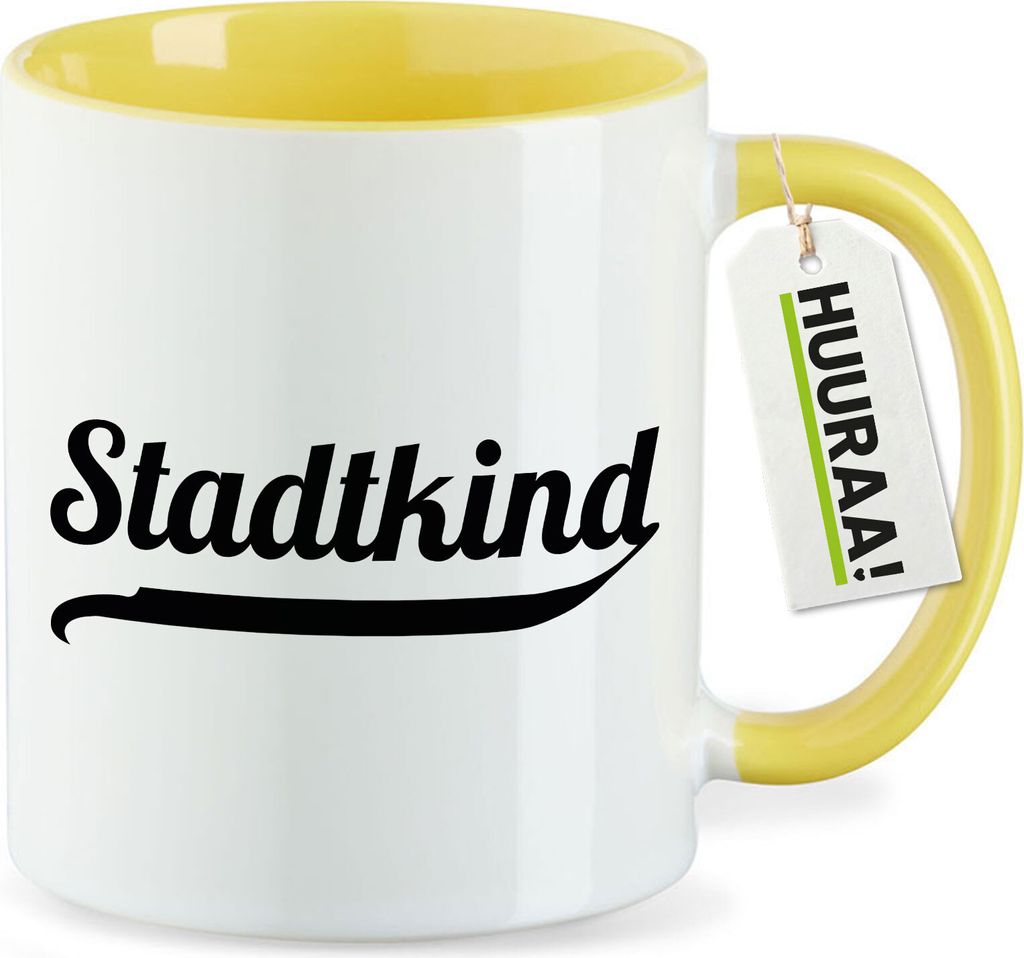Huuraa Kaffeetasse Stadtkind Schriftzug 330ml Gelb Keramik Kaffeebecher Geschenkidee