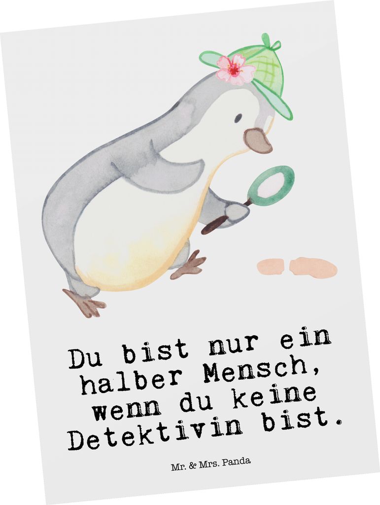 Mr. & Mrs. Panda Postkarte Detektivin Herz - Weiß - Geschenk, kunstkarte, Ermittlerin, Ansichtskarten, Lustig, Beruf, bildkarte, Postkarten, Priva...