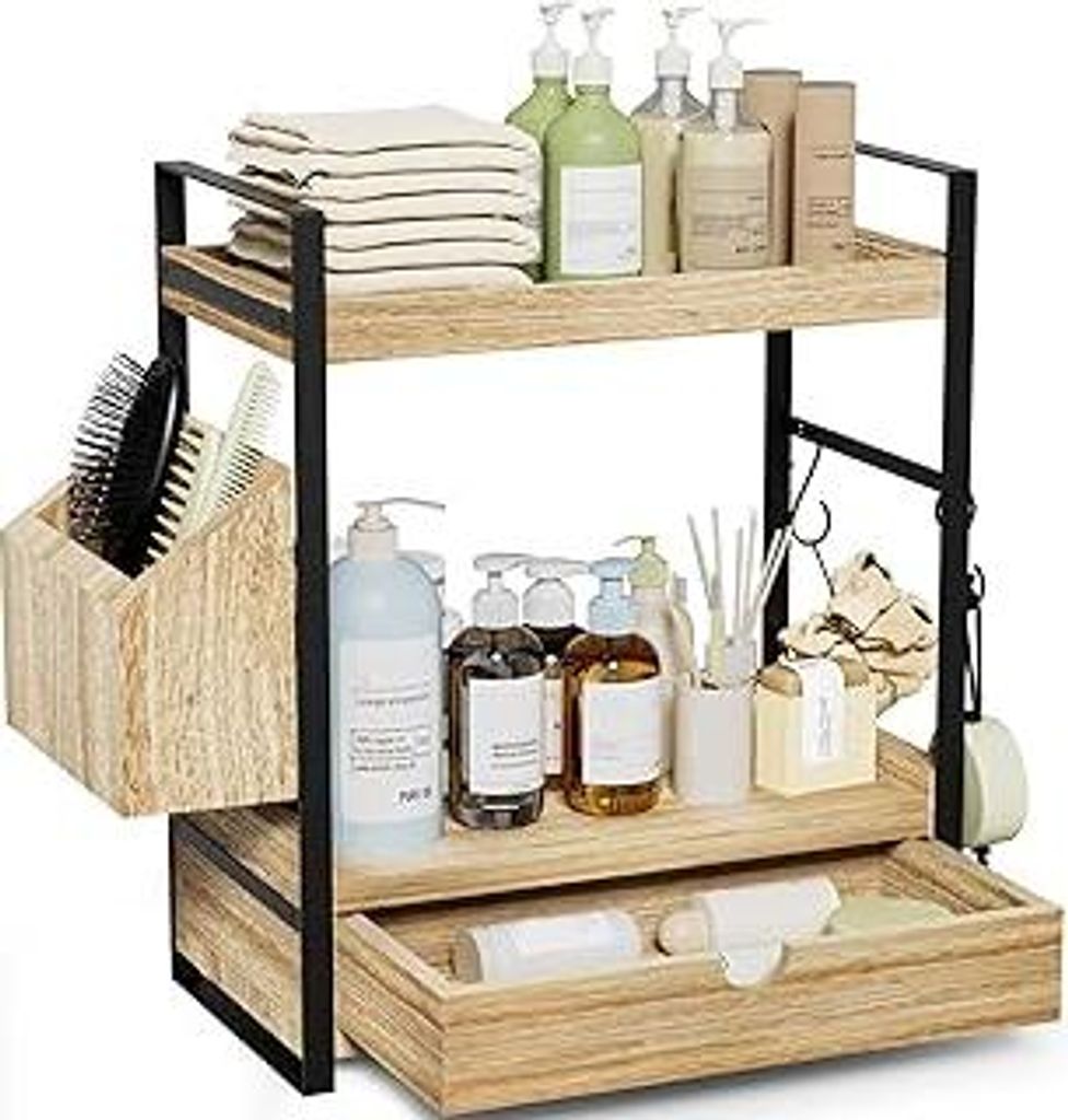 Kottwca 2-Ebenen Badezimmer Organizer mit Schubladen, Körben und 2 Haken, Arbeitsplatten-Organizer aus Holz mit Metallgestell, Multifunktionales G...