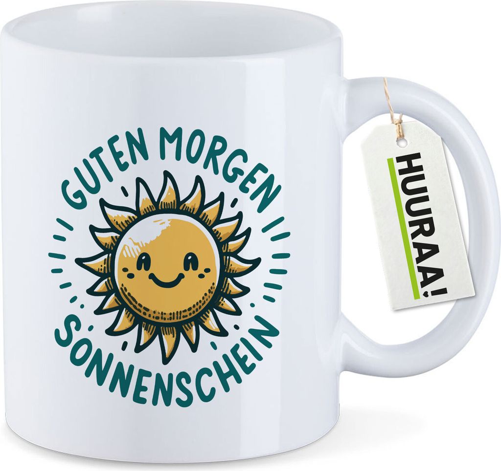 Huuraa Kaffeetasse Guten Morgen Sonnenschein Sonne 330ml Weiß Keramik Kaffeebecher Geschenkidee