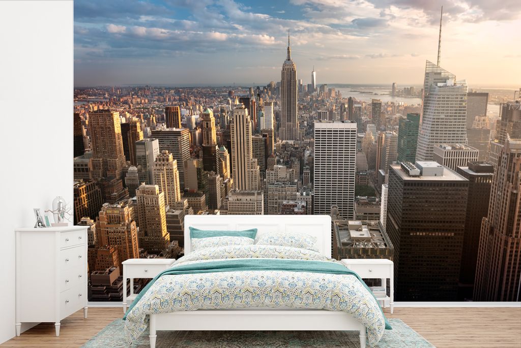 MuchoWow Fototapete für Wohnzimmer oder Schlafzimmer Wandtapete Vinyl Motivtapete New York - Sonne - Wolken - 390x260 cm - Papiertapete