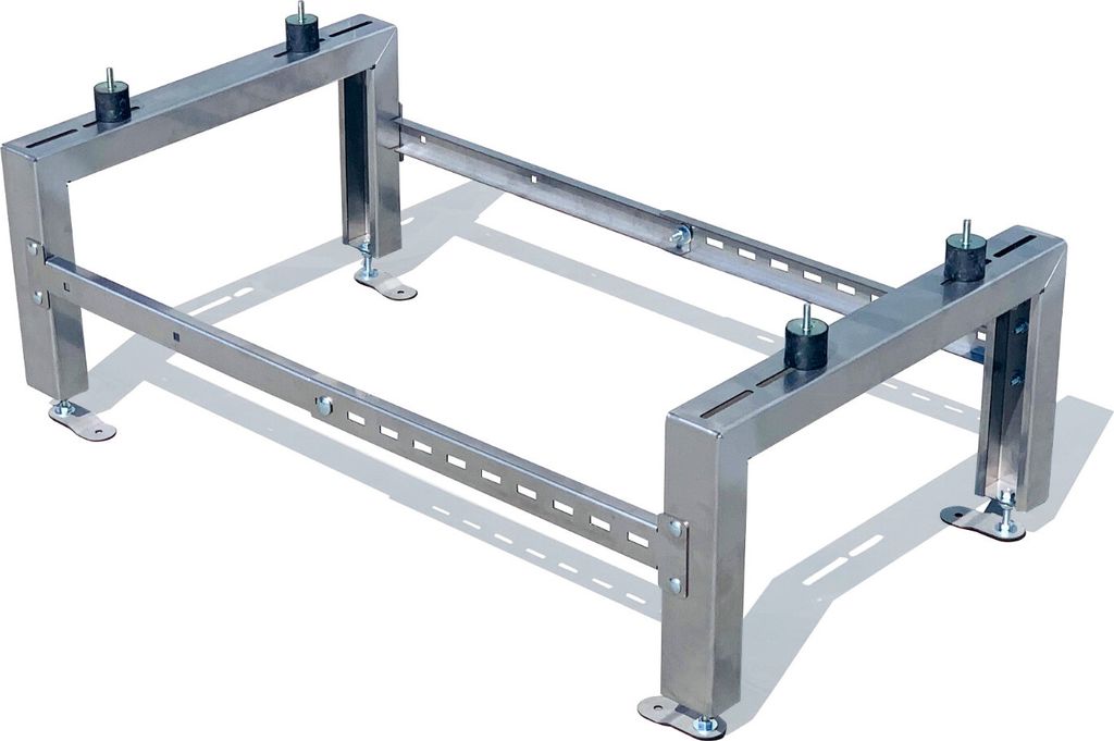 A metal stand for an air conditioning unit or heat pump, shown from a slightly elevated angle against a white background.