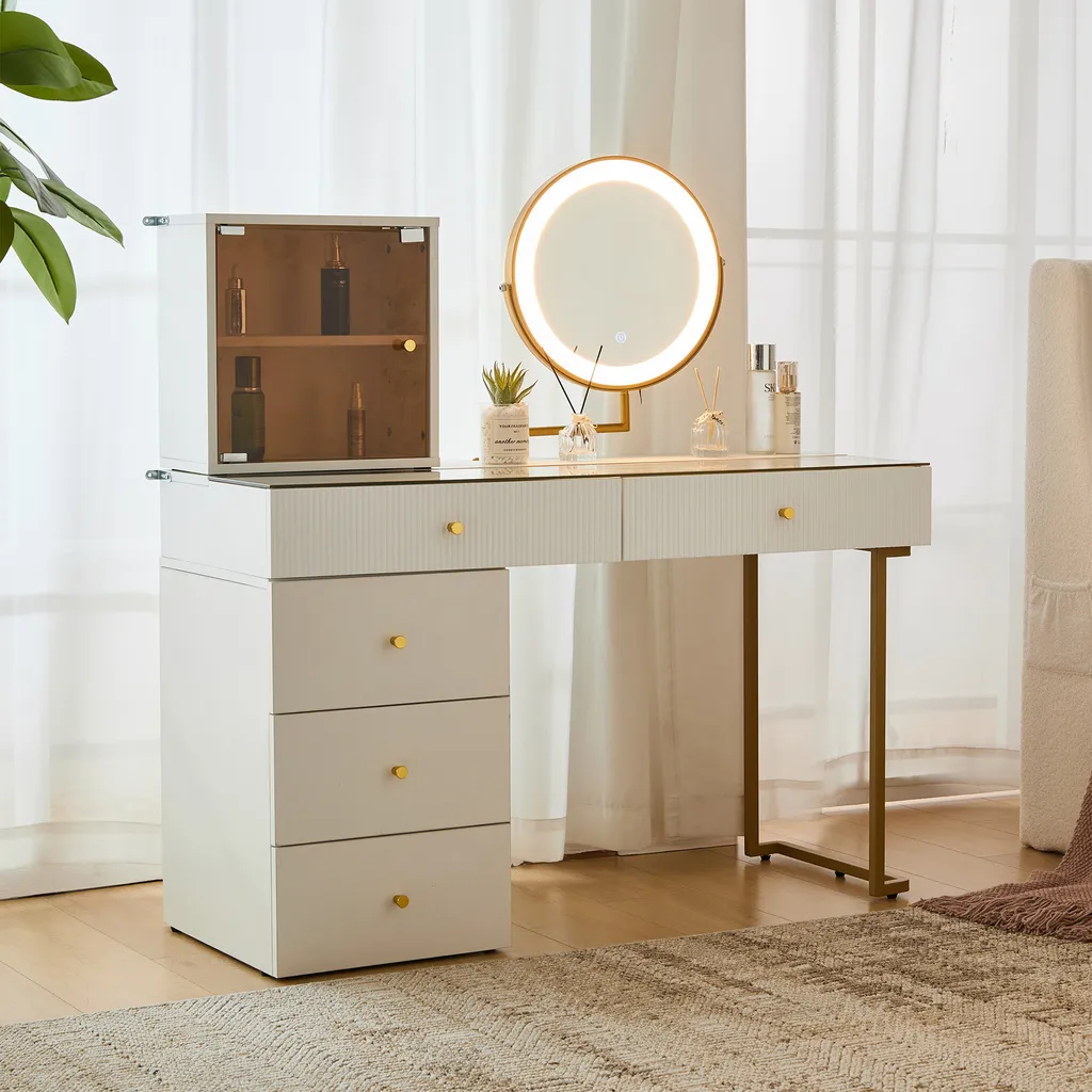 Commode à maquillage blanche Flieks avec miroir lumineux et plateau verre