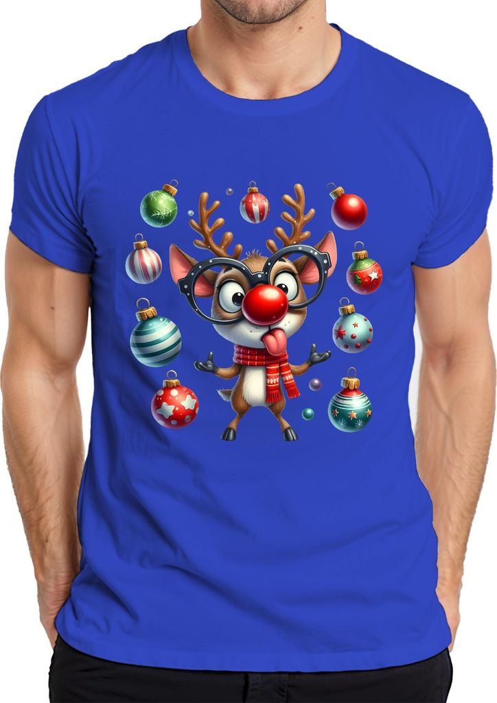 Rudolph Rentier mit Brille rote Nase Weihnachten süß Cartoon Herren T-Shirt, Blau, XL