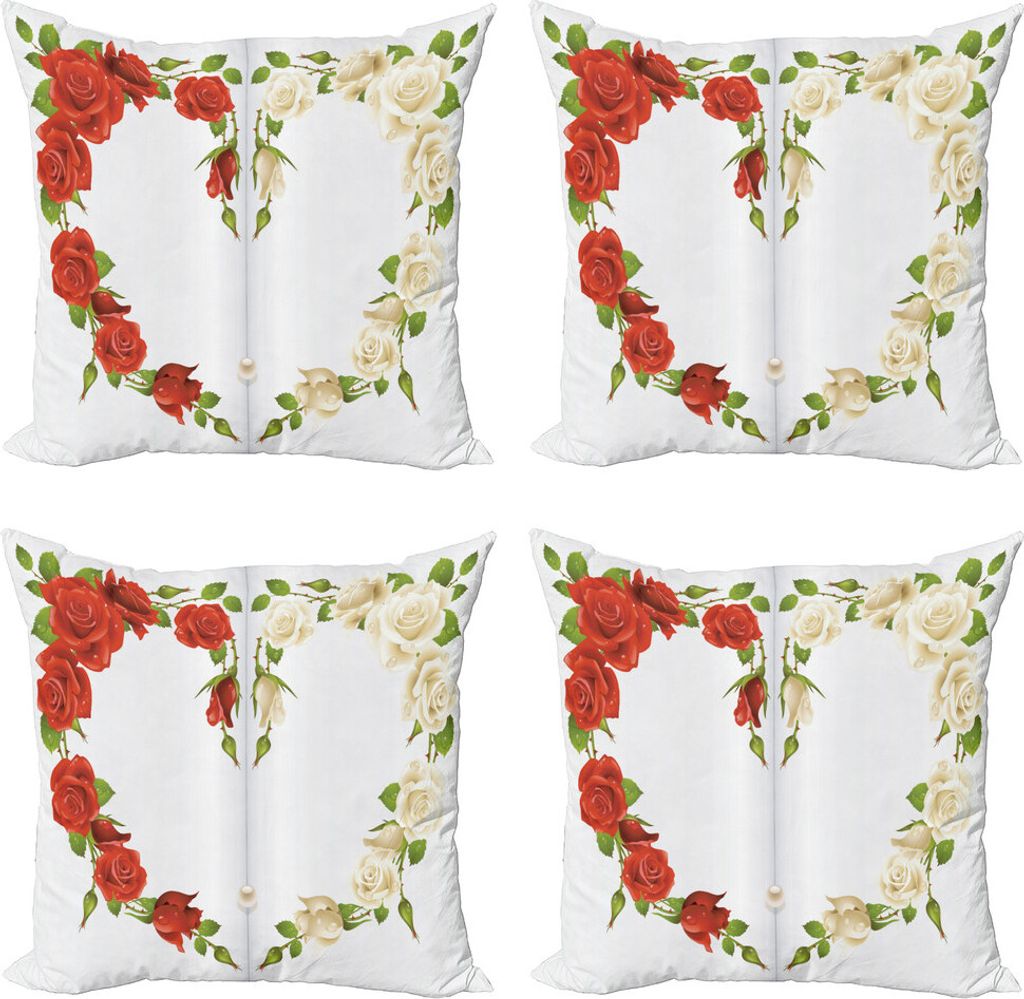 ABAKUHAUS Pearls Kissenbezug Set (4 Stück), Herz-Blumenstrauß Romantische, Moderner Doppelseitiger Digitaldruck, 40 cm x 40 cm, Rot Weiß Grün