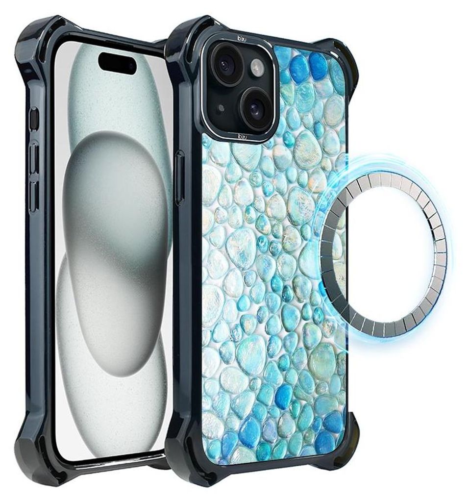 Schutzhülle für das iPhone 15, MagSafe-kompatibel, verstärkte Ecken, schwarz, blaue Wassertropfen
