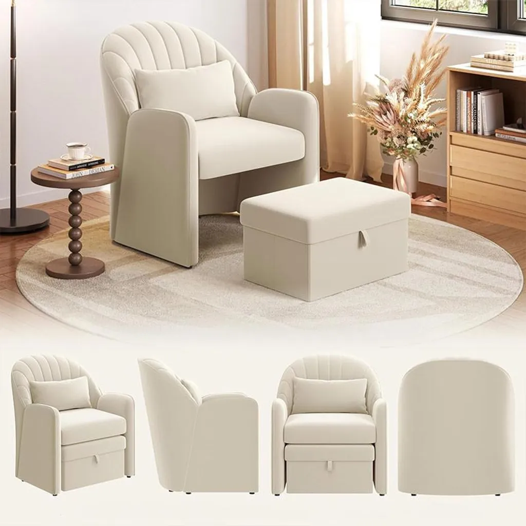 Poltrona Design Velluto Beige 615234 con Ottomana - Eleganza Chic - 4