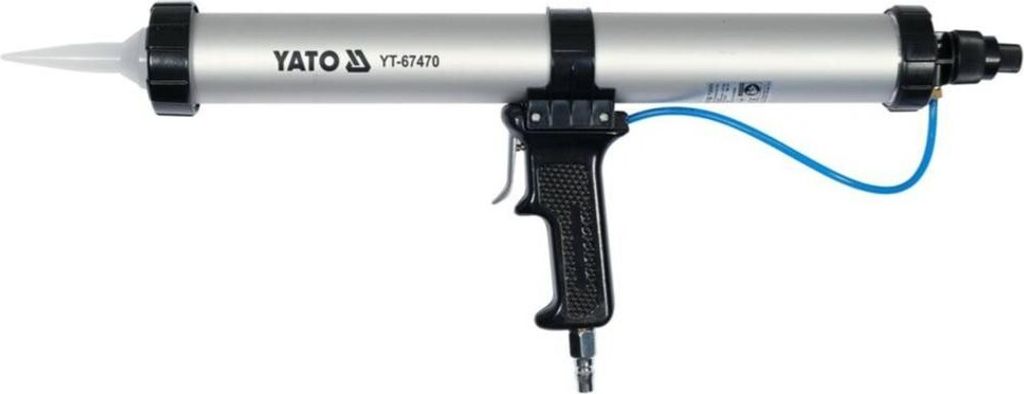 A pneumatic caulking gun on a white background.