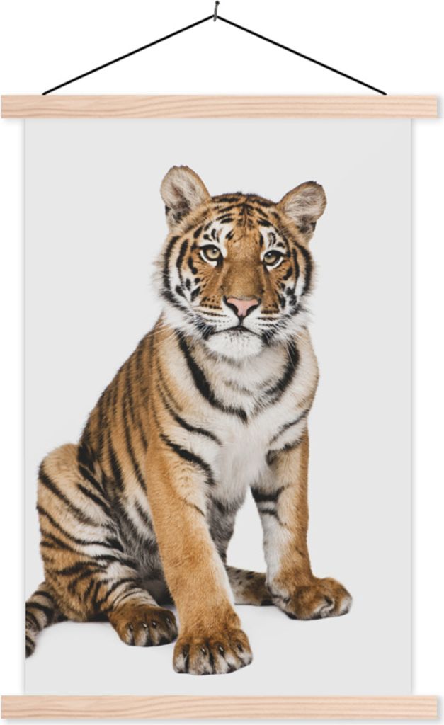 MuchoWow Textilposter Tiger - Tiere - Weiß - Jungen - Kinder 120x180 cm mit holzfarbenen Rahmen - Textil-Plakat