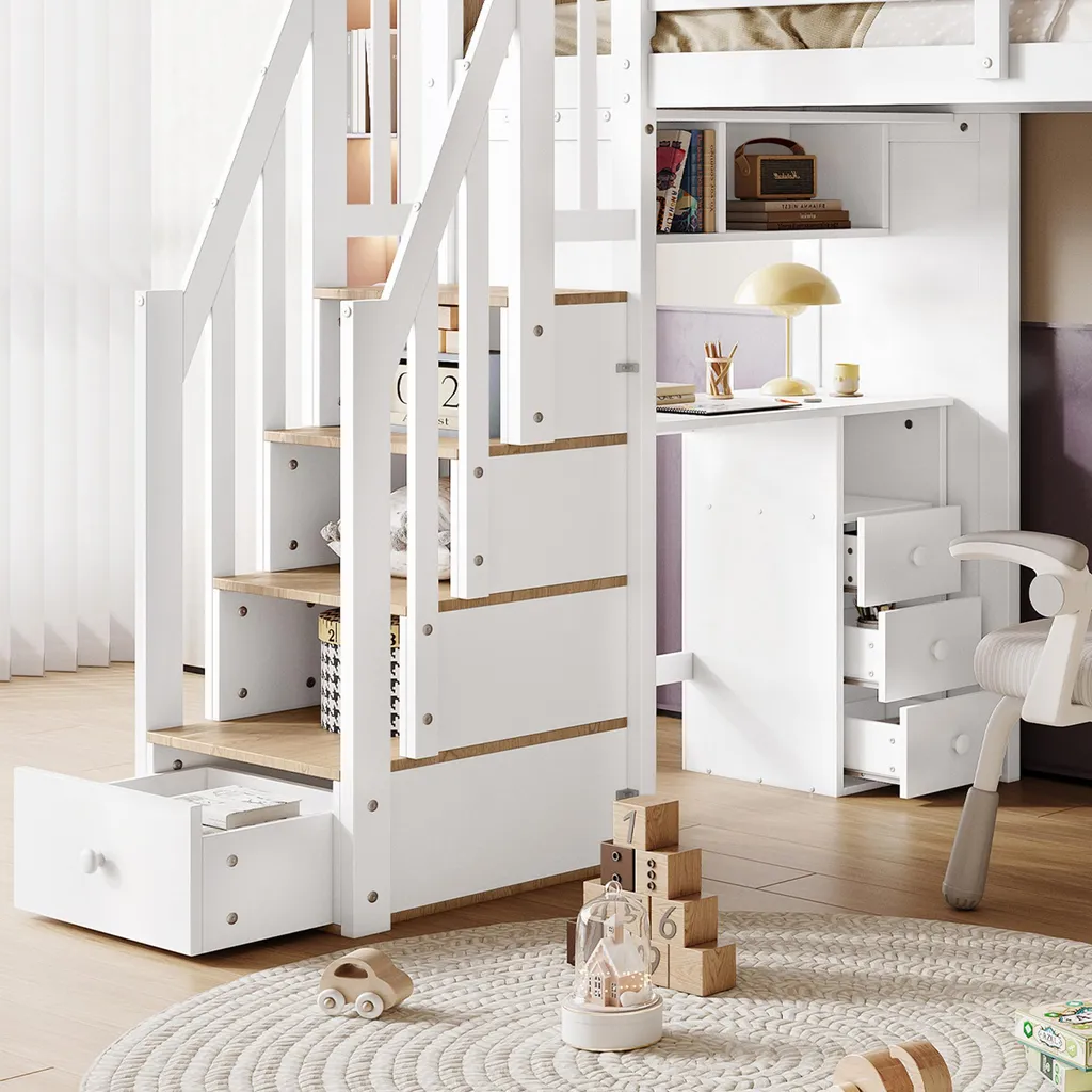 Meuble combiné lit surélevé avec bureau et bibliothèque en bois blanc - 8