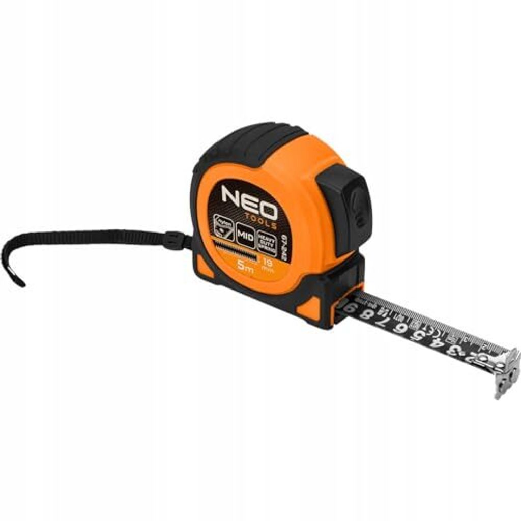 NEO TOOLS Professional Maßband 5m x 19mm - Schwarz Nylon-Stahlband - Magnethaken- 2 Stopp-Tasten - Doppelseitige Skala - Automatischer Bandstopp