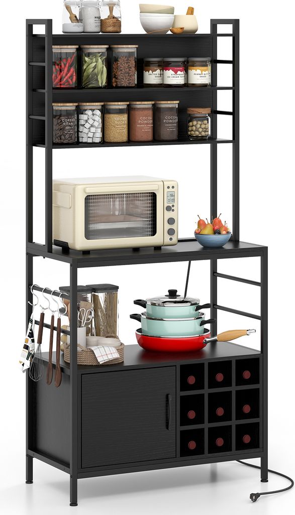 A black kitchen baker's rack filled with various kitchen items.