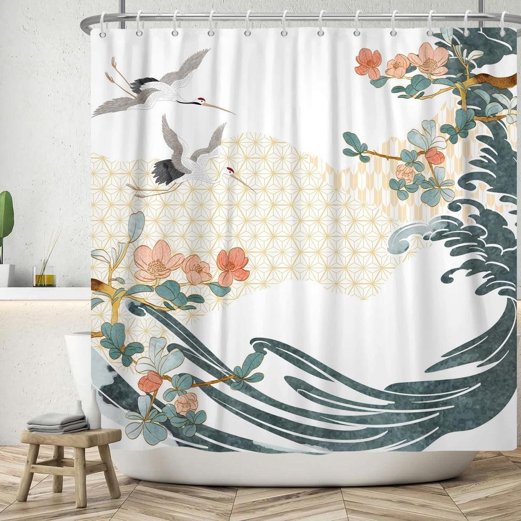 Duschvorhang 180x200 cm, asiatisch-japanisches Gemälde mit Pflaumenblüte, fliegendem Kranich und Wellen, waschbar, Polyestergewebe, wasserdicht, ...