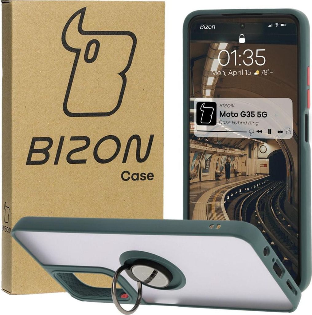 Bizon Case Hybrid Ring Fingerringhülle für Motorola Moto G35 5G, Rauch mit dunkelgrünem Rahmen
