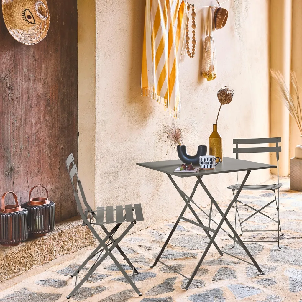 Set tavolo da giardino bistrot pieghevole in metallo con 2 sedie, Verde kaki - 3