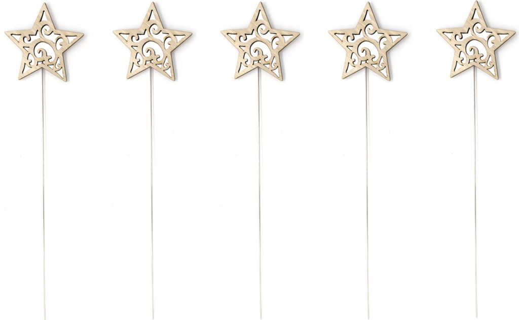 Blumen-Stecker Stern braun mit Muster und Metallstab 5 Stück