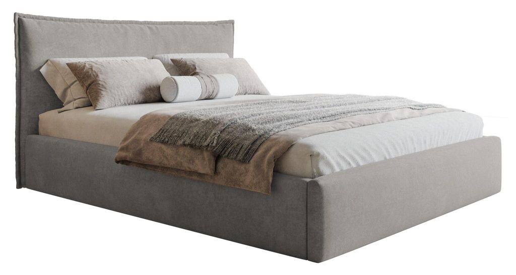 Polsterbett mit Bettkasten 140x200 Zenito Slim - Kissen-Kopfteil, Schlafzimmerbett 140x200 cm, Samtstoff Hellgrau