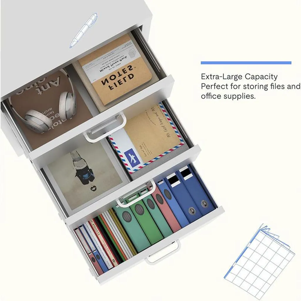 Caisson de rangement blanc sur roulettes avec 3 tiroirs de bureau