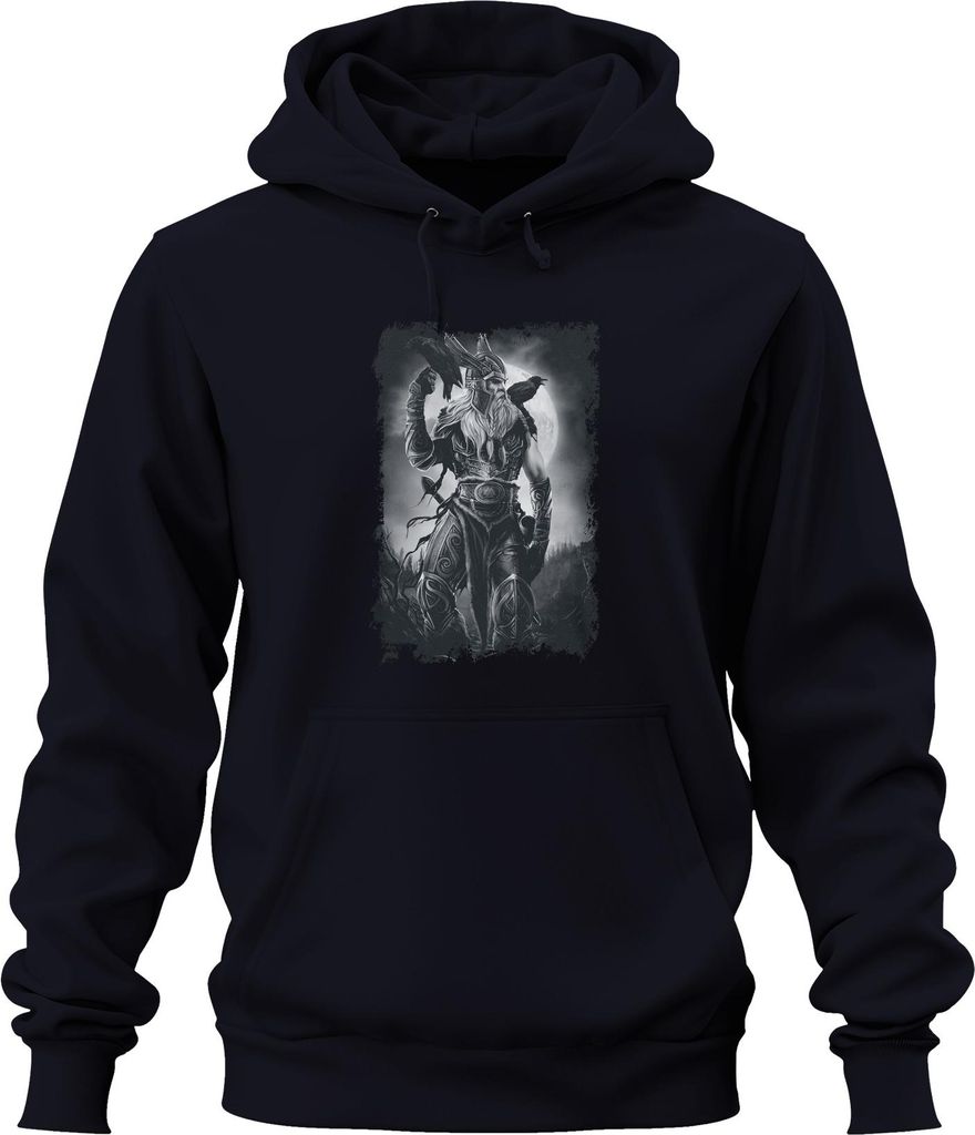 Wikinger Krieger Raben Odin Nordisch Mythologie Mond Runen Grunge Uni Hoodie Kapuzenpullover, Navy, L