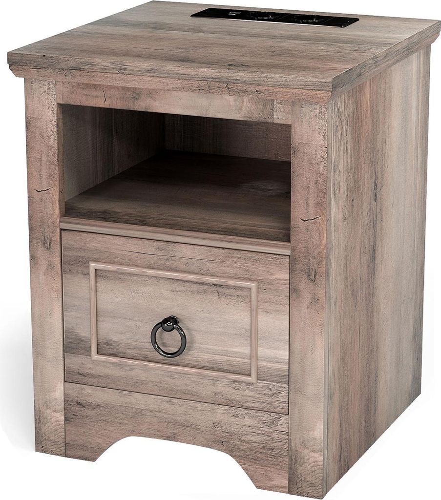 Rustikaler Nachttisch mit Ladestation, LED-Dimmleiste & Schublade, Beistelltisch mit USB-C fürs Schlafzimmer